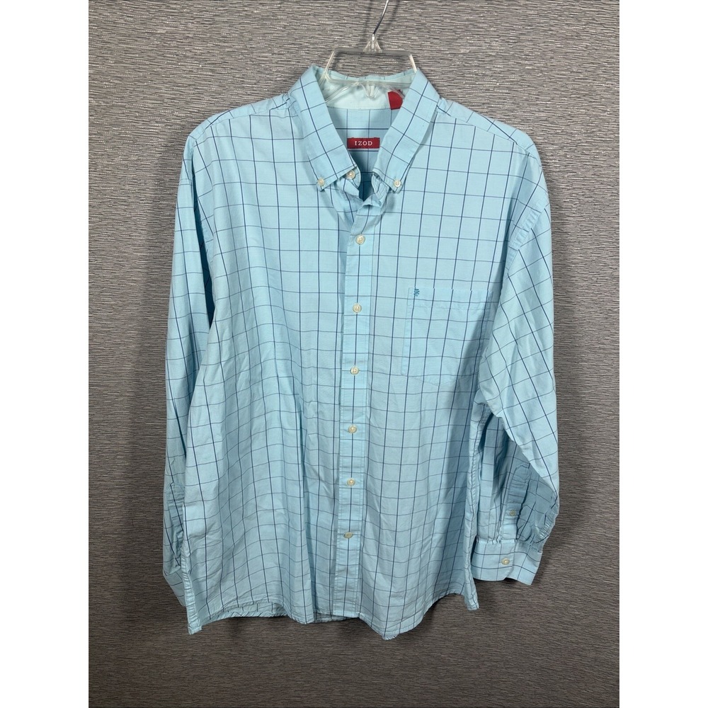 IZOD Dress Shirt Men's Blue White Checkered  Cotton Button Front Sz XL